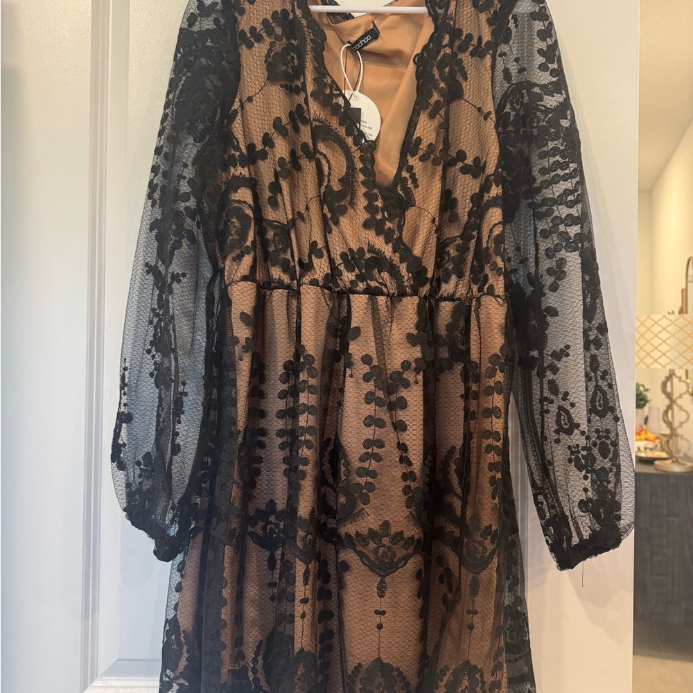 Boohoo Plus Black Lace Long Sleeve Dress